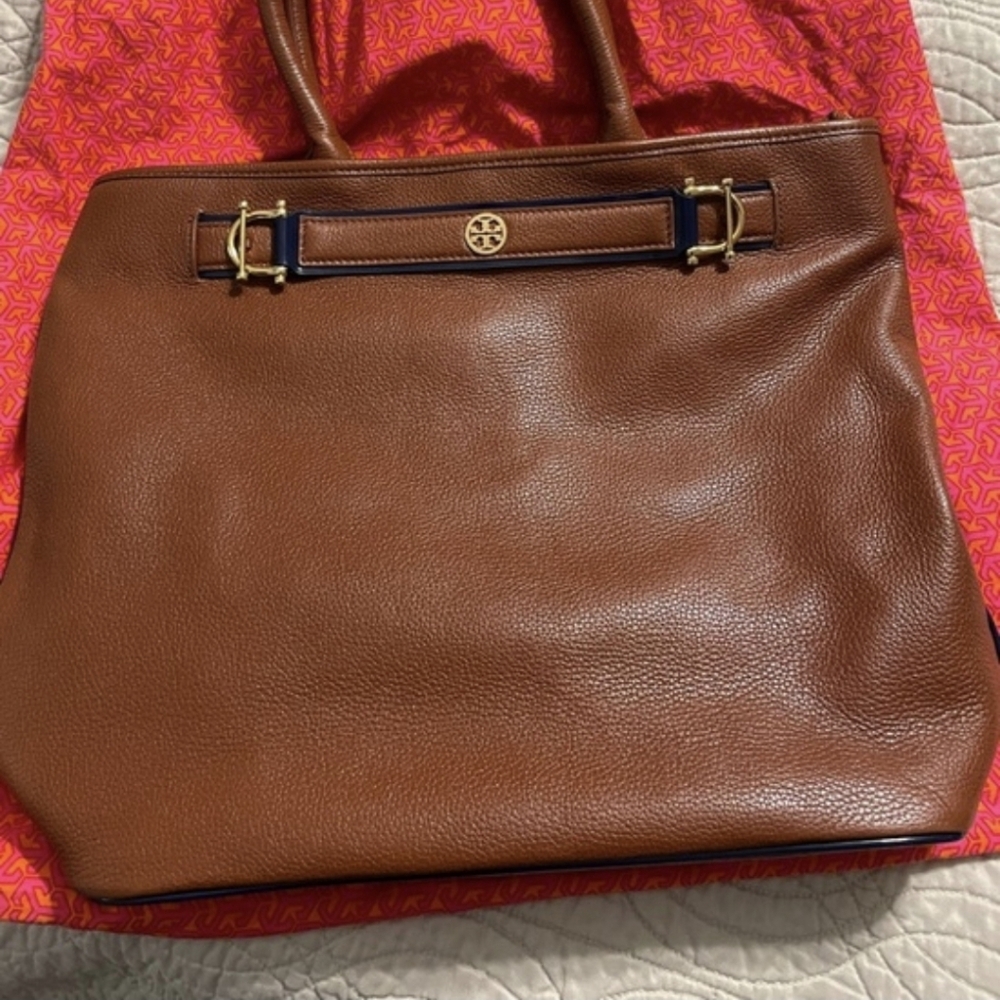 Tory Burch Cognac Jardin Pebbled Leather Tote with Navy Trim